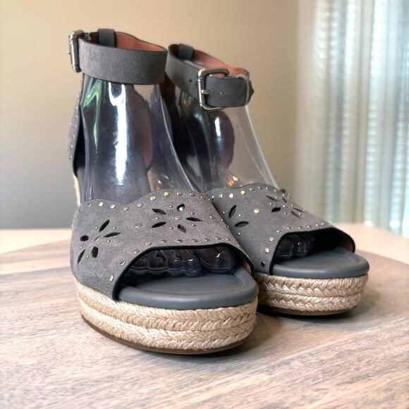 Coach Kelsi Wedge Espadrille Heathered Gray Suede Studded Sandals US Size 9.5 - Picture 6 of 12